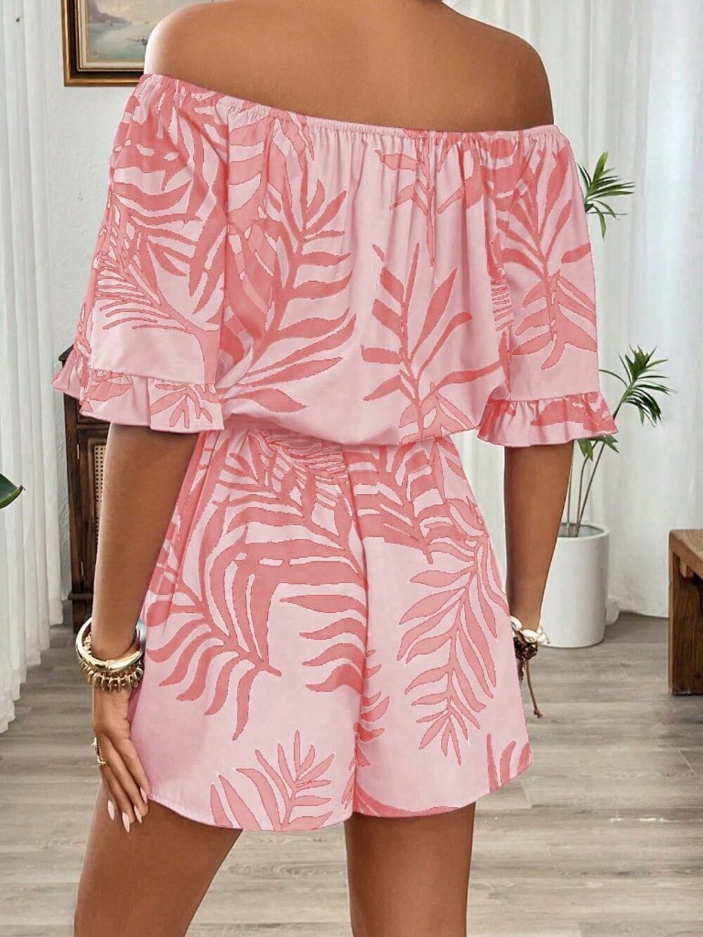 Pink Casual Women's Hawaiian Style Ruffled Off Shoulder Romper - Picture 2 of 6